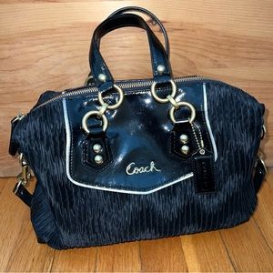 Coach Ashley black patent leather gathered fabric satchel brass hardware. EUC